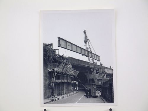 View of new inner girder lifted from rail wagon, Bushey Bridge, England