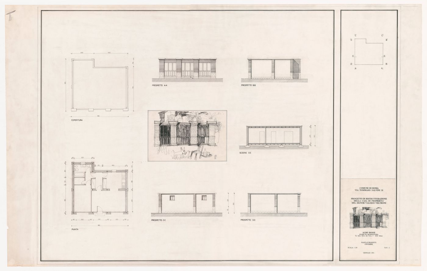 Elevations, section, plan, and sketch for Casa Veltroni, Rome, Italy