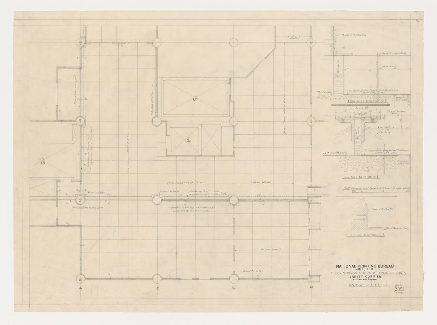 Plan et coupes du plancher de l'étage 1 : bandes de laiton et joints de dilatation, Imprimerie Nationale du Canada, Hull, Québec, Canada