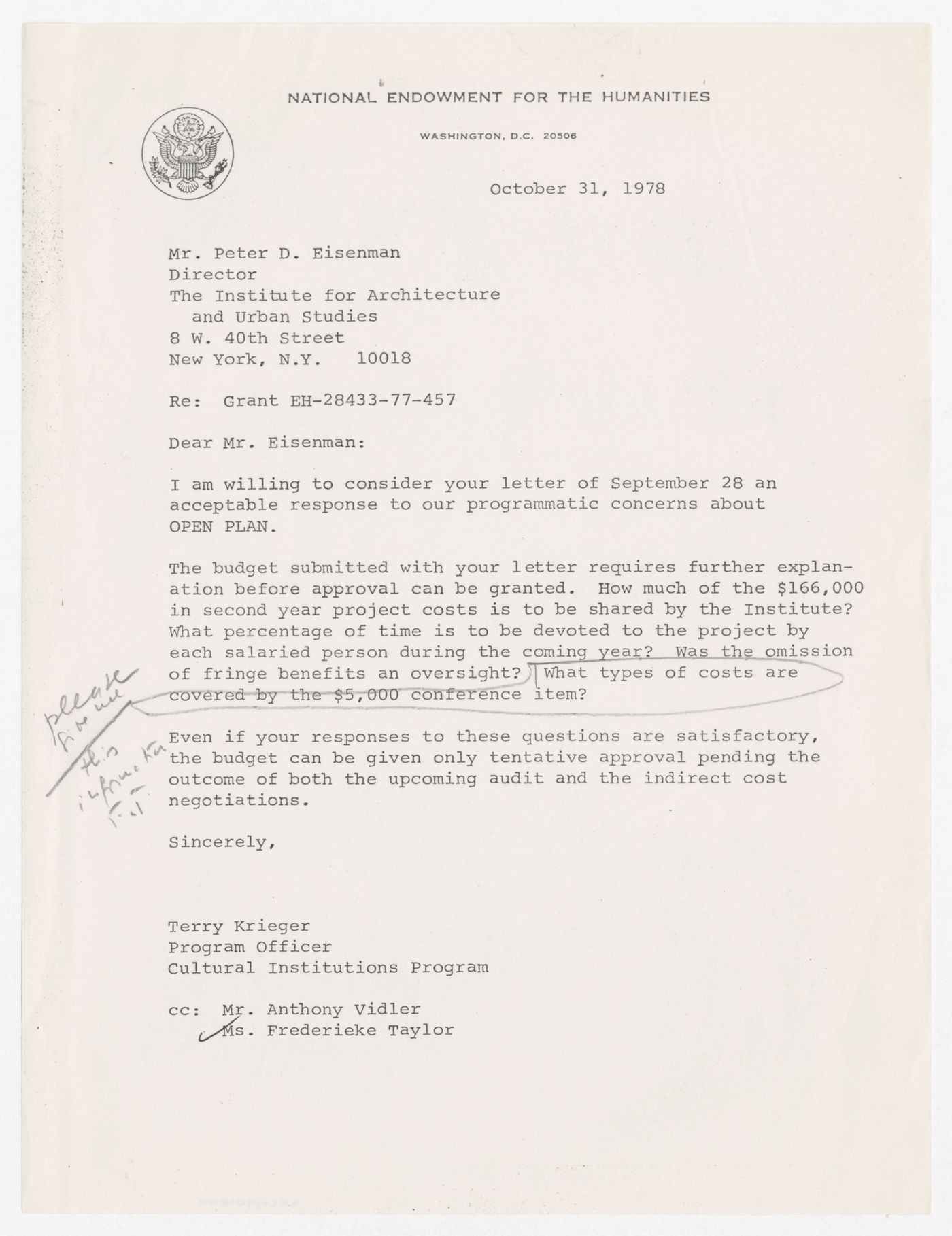 Letter from Terry Krieger to Peter D. Eisenman about approval of the budget for a National Endowment for the Humanities (NEH) grant for Open Plan