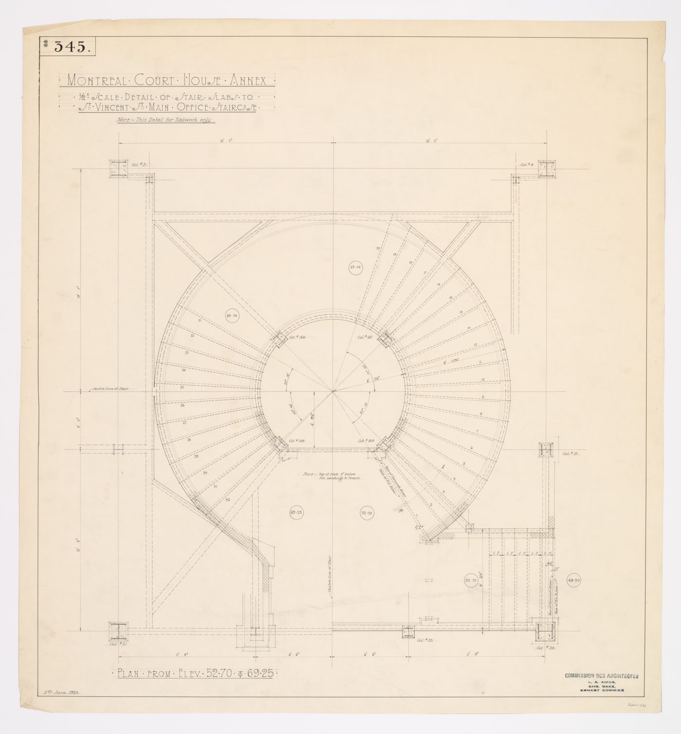 Détails structuraux des dalles de l'escalier du bureau principal, Annexe au Palais de Justice de Montréal, Montréal, Canada