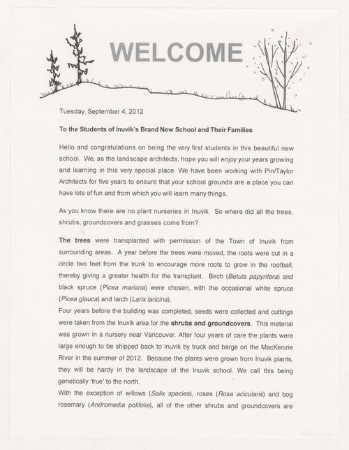 Letter from Cornelia Hahn Oberlander to the students and their families, Inuvik School, Inuvik, Northwest Territories