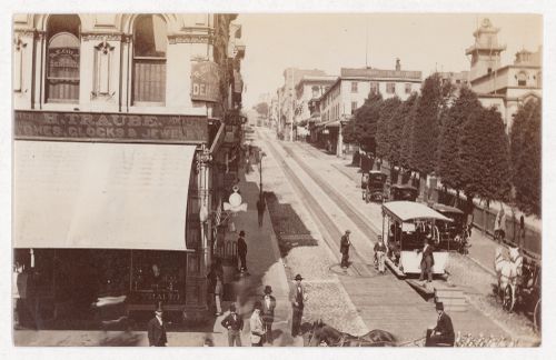 View of Clay Street, with trolley tracks, San Francisco, California