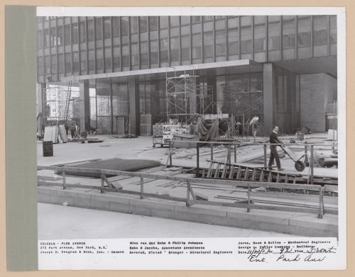 Seagram building under construction, 375 Park avenue, New York, N.Y., front entrance Park avenue