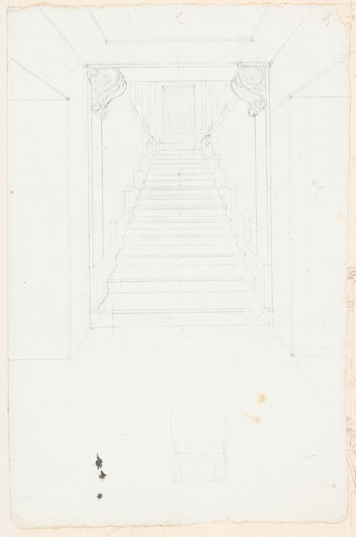 Rohault de Fleury House, 12-14 rue d'Aguesseau, Paris: Interior perspective showing the main staircase from the "soubassement"; verso: Exercise in descriptive geometry