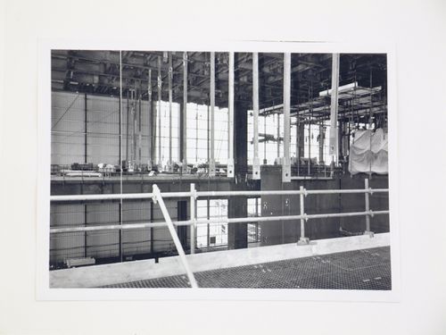 View of construction of steel structure for power station, from interior, United Kingdom