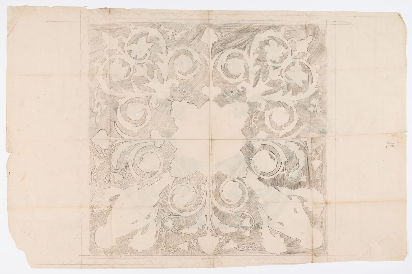 Full-scale drawing for a hexagonal ornamental panel with two variant foliate patterns, possibly for Hôtel Soltkoff; verso: Full-scale drawing for a square ornamental panel with two variant foliate patterns, possibly for Hôtel Soltykoff