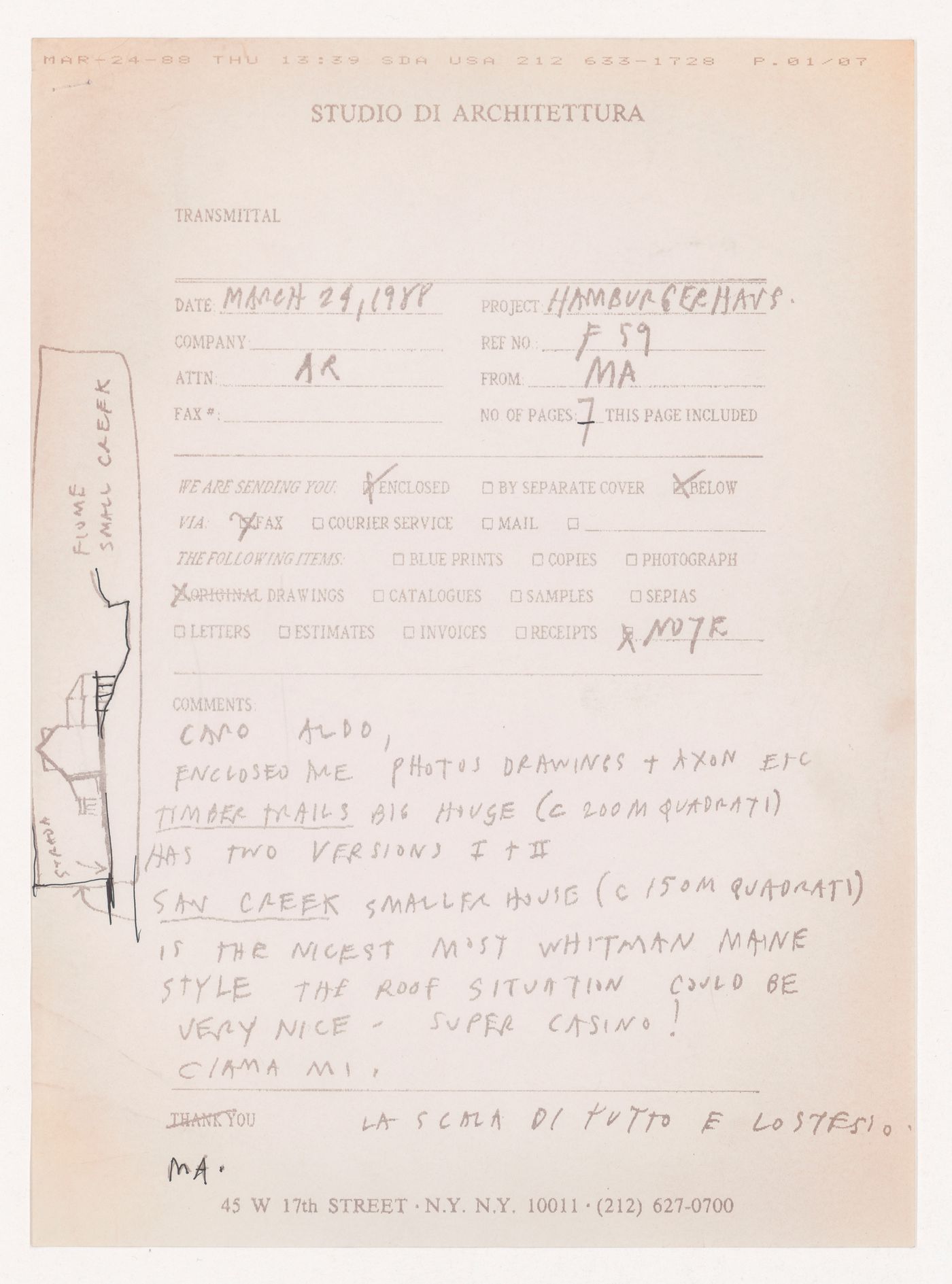 Drawings sent to Aldo Rossi for Case unifamigliari, Pocono Mountains, Pennsylvania