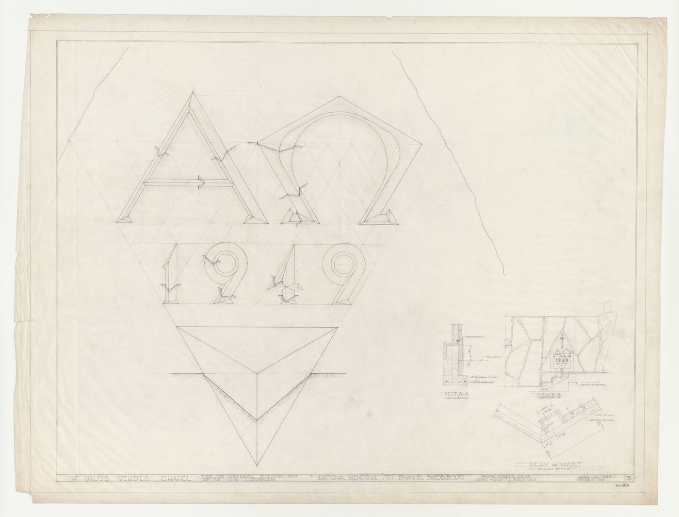 Wayfarers' Chapel, Palos Verdes, California: Elevations and sections for chapel cornerstone and time capsule