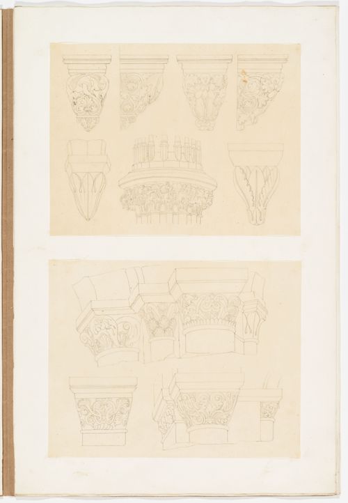 Drawing of Gothic architectural elements: corbels, grouped columns, compound piers and capitals