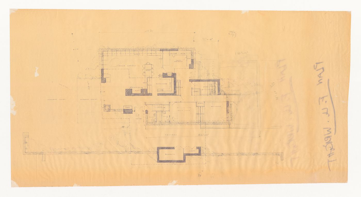 Revised ground floor plan for the 1949 design for the Mr. & Mrs. George Jacobsen House, Hudson, Québec