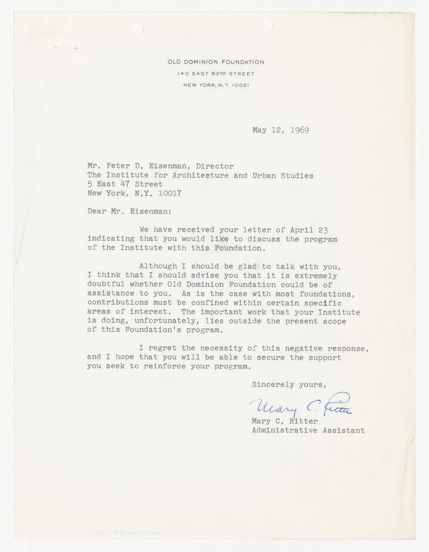 Letter from Mary C. Ritter to Peter D. Eisenman responding to donation request made by Eisenman with attached copy of original letter