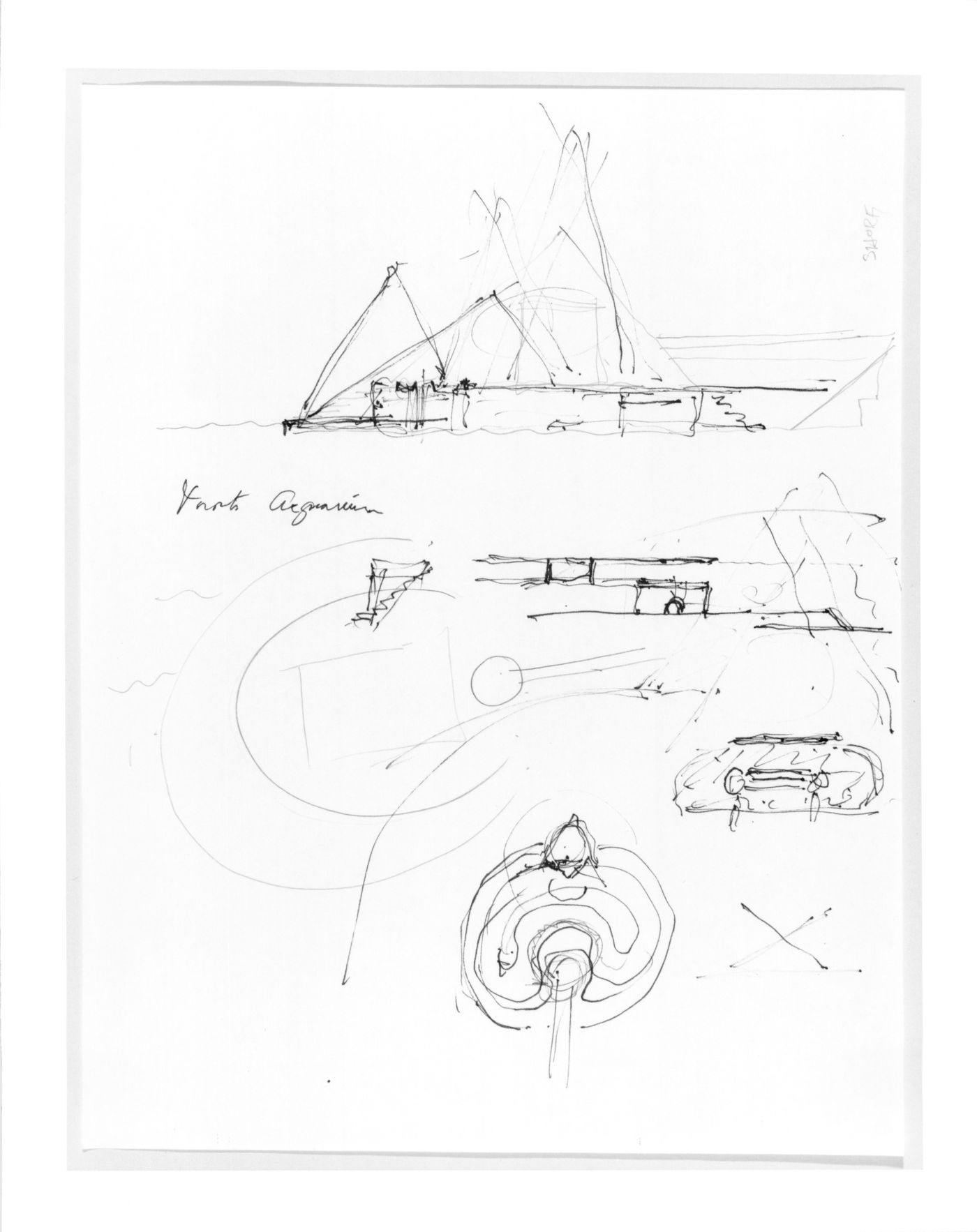 Sketch plan, elevations, partial section, details