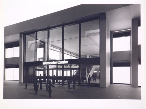Partial view of the entrance of Worcester Center at night, Worcester, Massachusetts, United States