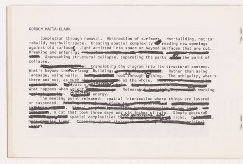 Completion Through Removal, text page by Matta-Clark in the catalogue QUESTIONS, ANSWERS, first page