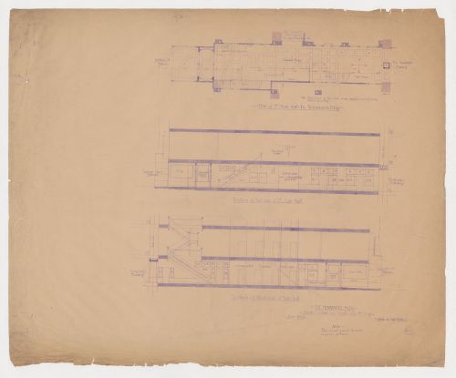 Monadnock Building, Chicago: Sections and plan, including ceiling tile pattern, for the main and first floor entrance lobbies