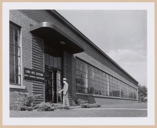 View of the main entrance of the addition to the Administration Building, Borg-Warner Corporation Long Manufacturing Company division Assembly [?] Plant, Detroit, Michigan