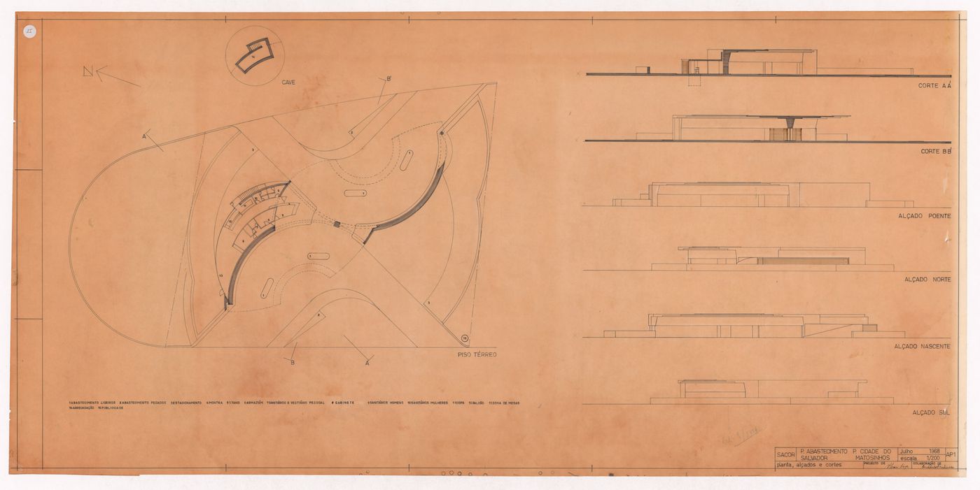 Plan, elevations and sections for Posto de abastecimento da SACOR, Matosinhos, Portugal