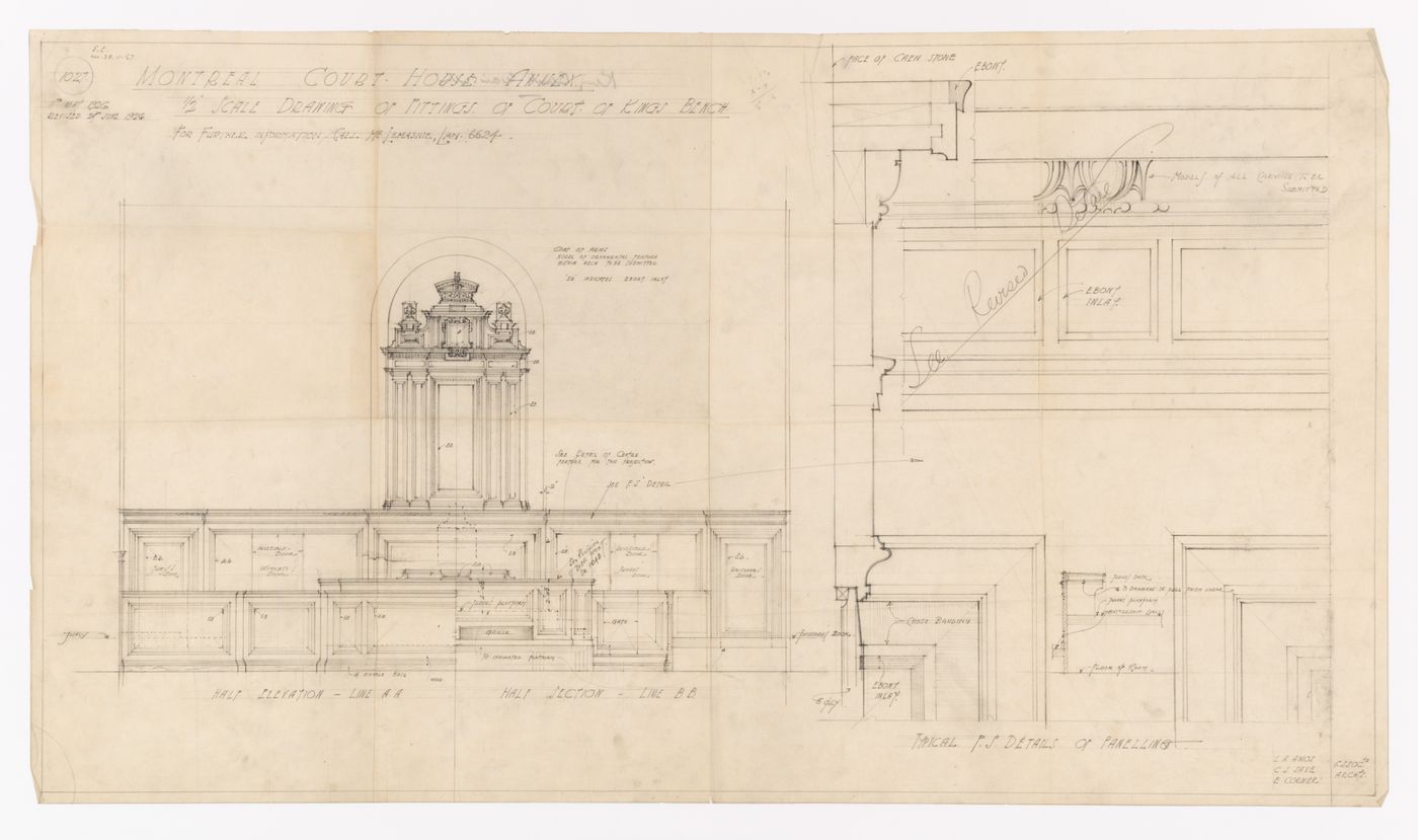 Détails des boiseries de la Cour du Banc du Roi, Annexe au Palais de Justice de Montréal, Montréal, Canada