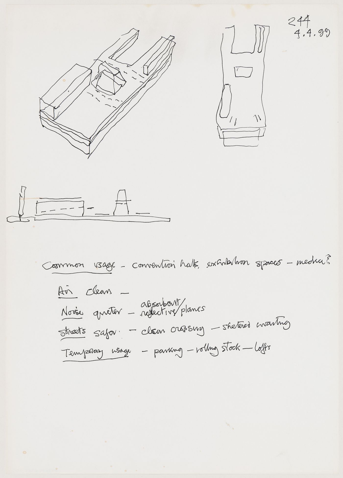 Perspective sketches of Javits Convention Centre and Westyard Building and sketch section showing a "sail", or "wind blinker", in the Hudson River, the Javits Convention Centre and the Westyard Building (document from IFPRI project records)