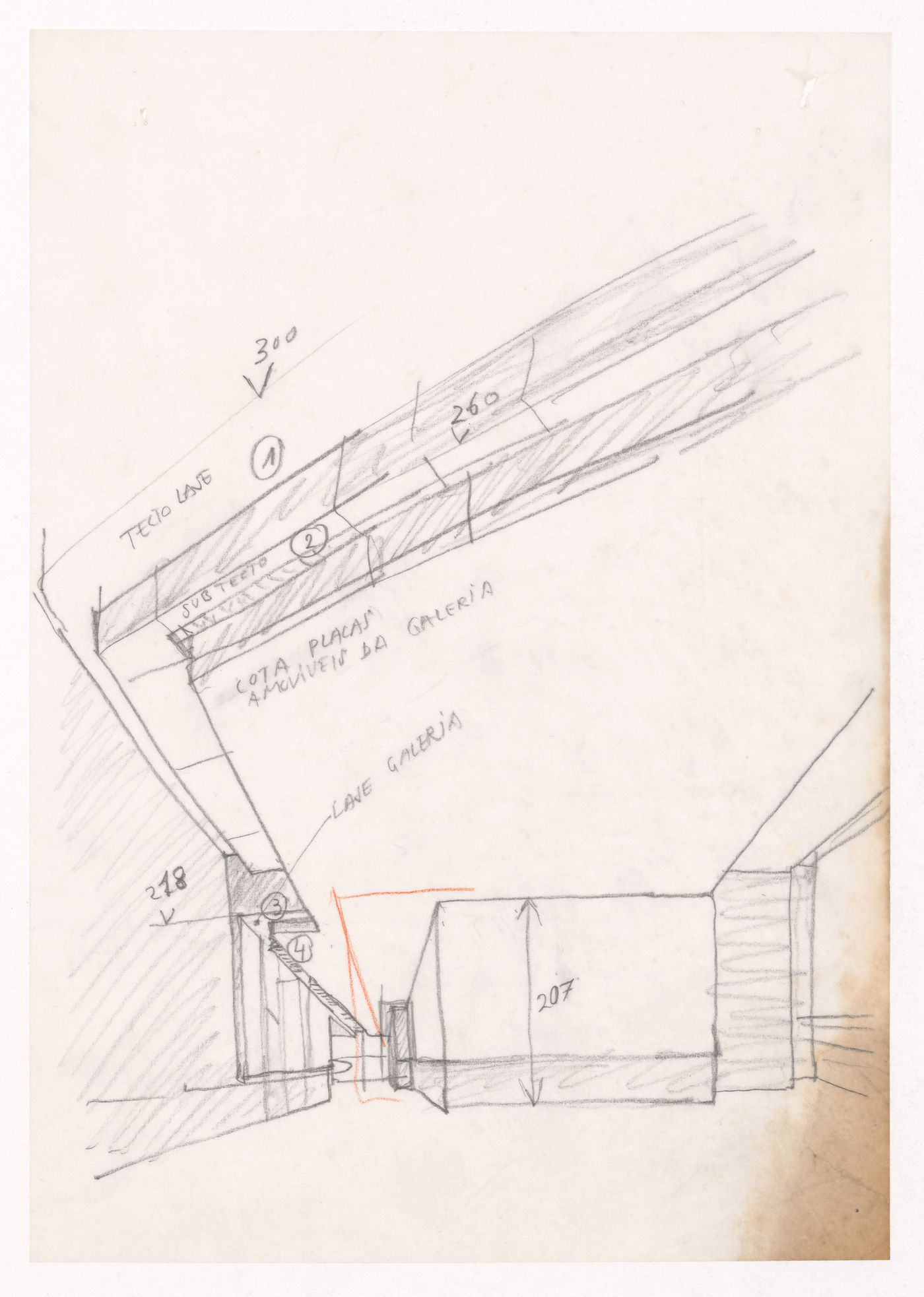 Sketch interior perspective with annotations for Edifício de Escritórios na Av. D. Afonso Henriques, Porto, Portugal