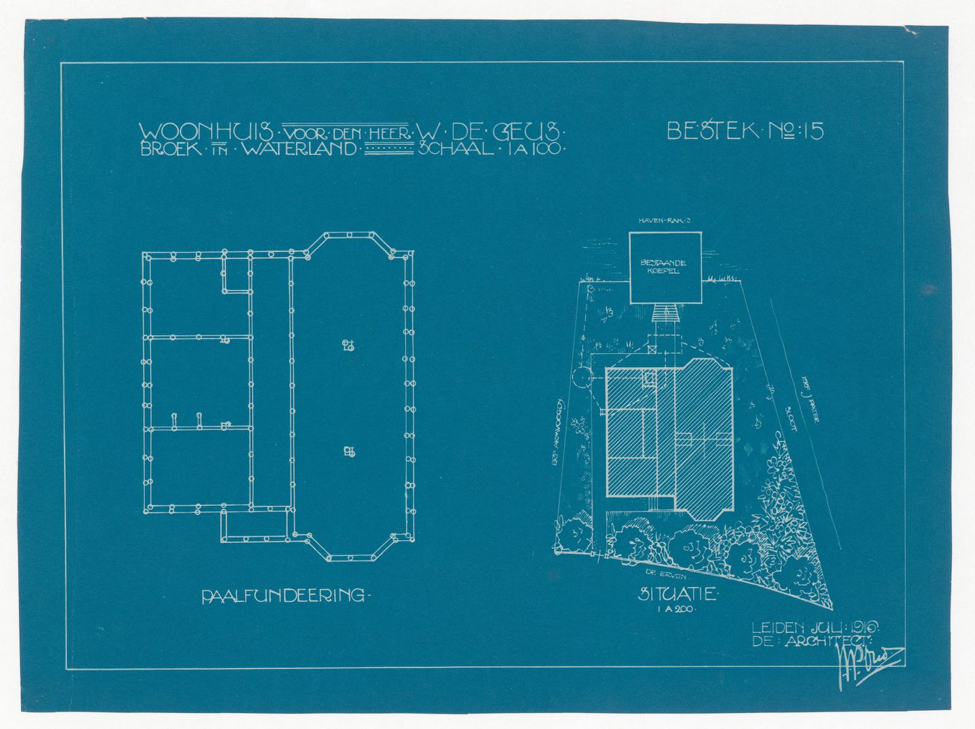 Foundation and site plans for a house for W. de Geus, Broek in Waterland, Netherlands