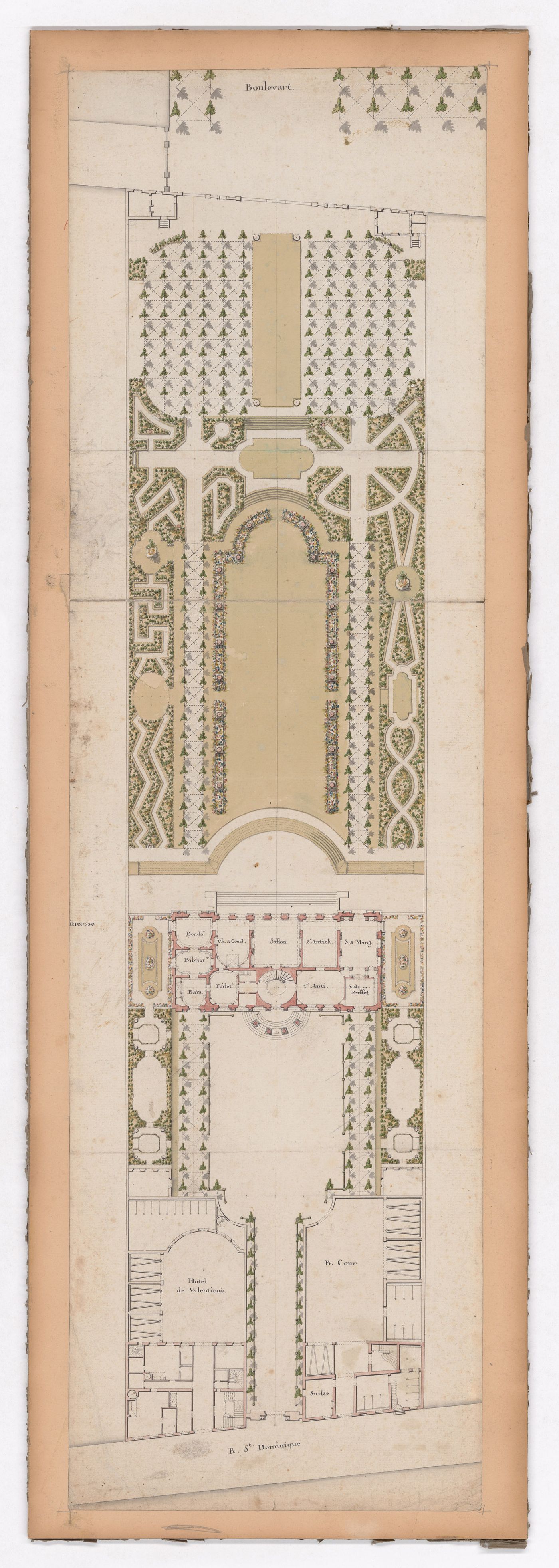 Plan of l'hôtel de Monaco (later l'hôtel de Sagan, now the Polish Embassy), l'hôtel de Valentinois and gardens, rue Saint-Dominique, Paris, France