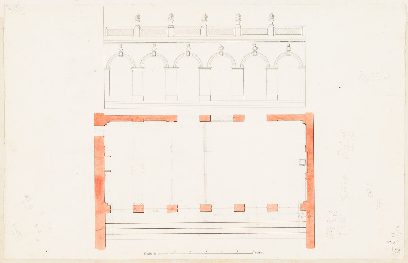 Project for the conversion of Hôtel Soyécourt, Paris, into barracks: Elevation and plan for an arcade