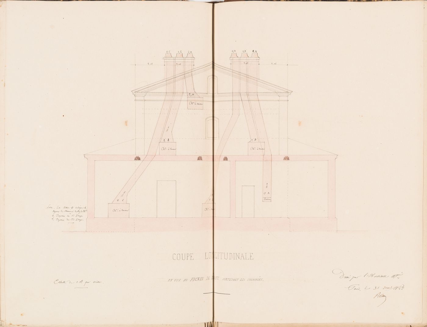 Cross section through the right gable showing the placement of the chimneys and flues for a country house for Madame de Lescure, Royan
