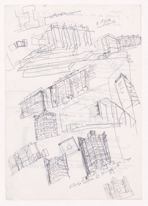 Sketch perspectives and notes for Plano Urbanístico Boulevard Brune, Paris, France