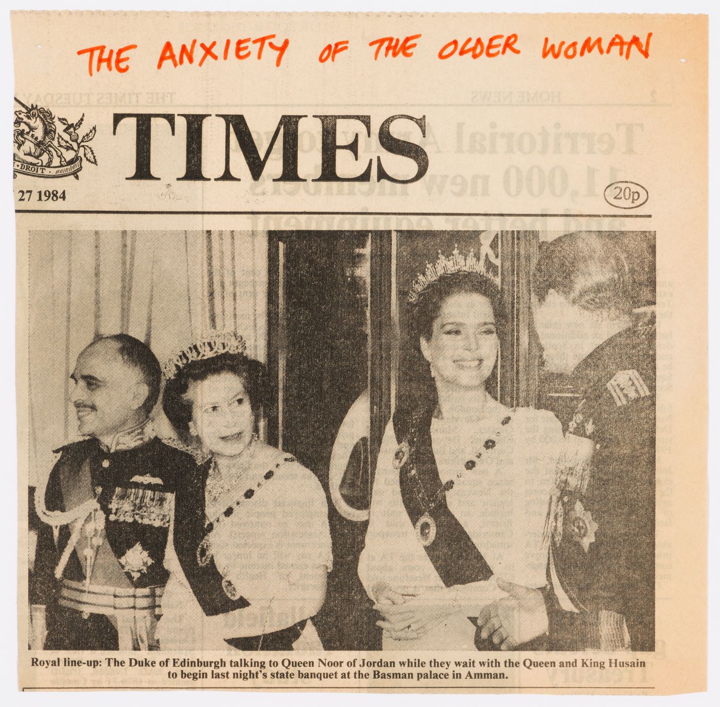 Clipping from the March 27 1984 issue of The Times (London) showing a photo of Queen Elizabeth II's visit to Amman, Jordan