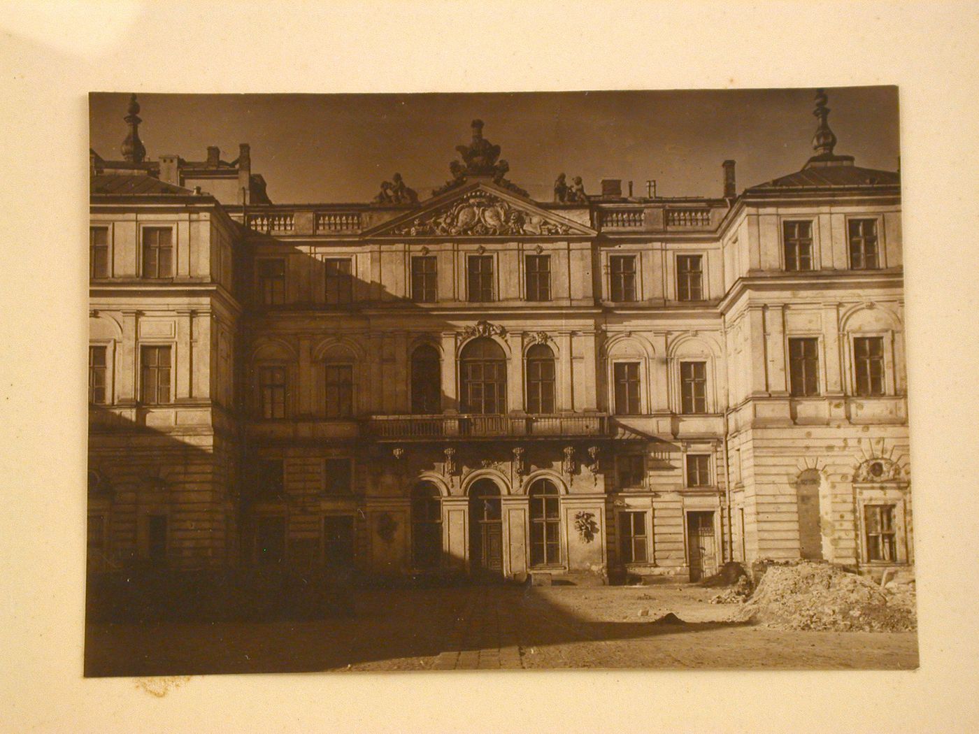 Partial frontal view of main façade, Brühl (later, the Potocki) Palace, now non-extant, but then located on Wierzbowa Street, Warsaw, Poland