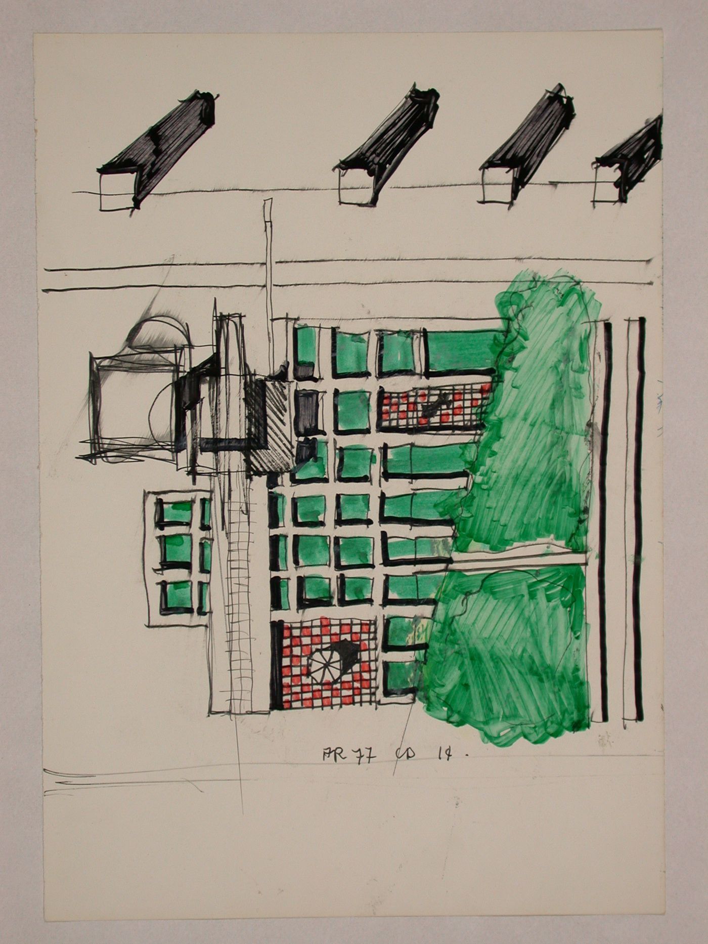 Sketch axonometric and sketch plan for Centro Direzionale, Florence