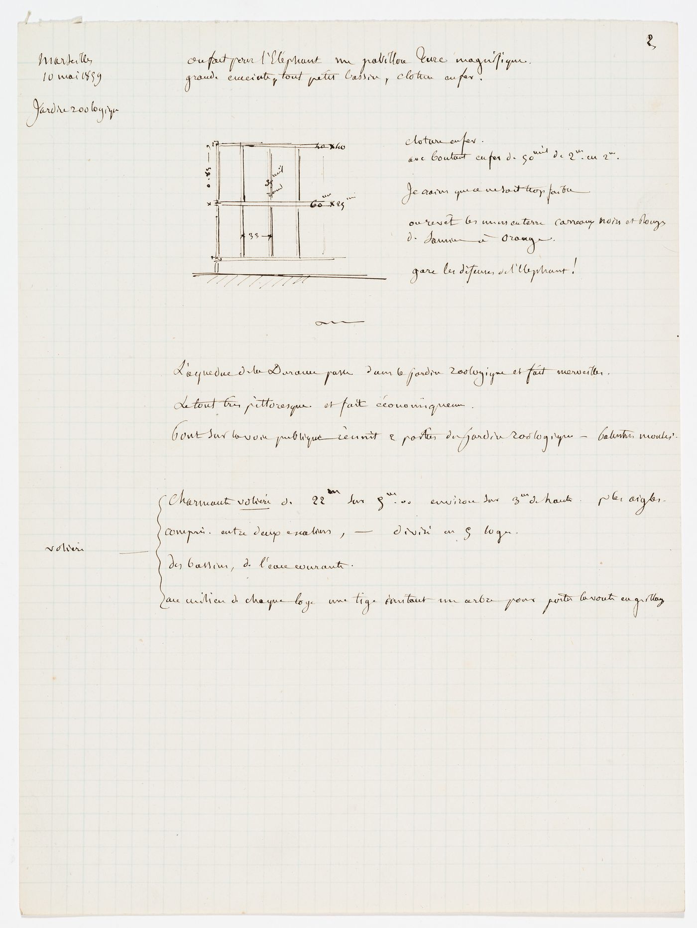 Zoological garden, Marseille: Notes and a sketch concerning the animal cages