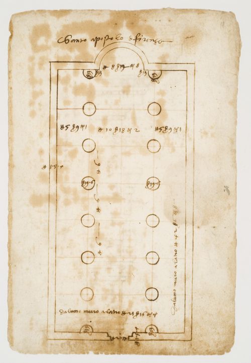 Ground plan of SS. Apostoli, Florence, Italy; verso: Entablature and capital from the portico of the Pantheon, Rome, Italy; Ornament inspired by the frieze from the Basilica of Neptune, Rome, Italy