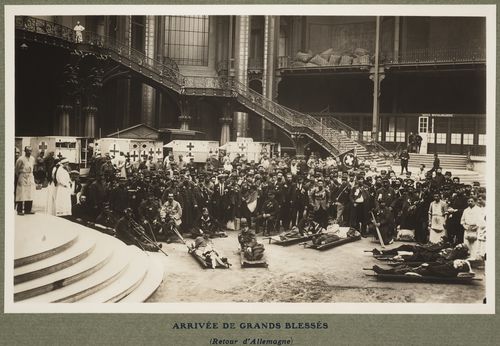 View of a group of soldiers wounded in Germany at the military hospital housed in the Grand Palais during World War I, Paris, France