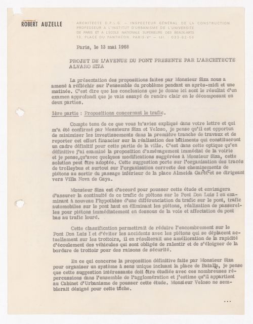 Correspondence from Robert Auzelle concerning Edifício de Escritórios na Av. D. Afonso Henriques, Avenida da Ponte, Porto, Portugal