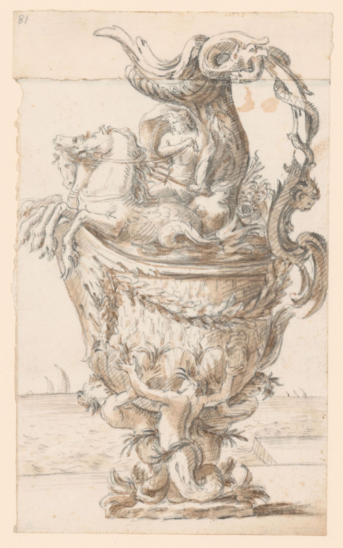 Drawing for an ornamental vase with Neptune in his chariot and with tritons at the base