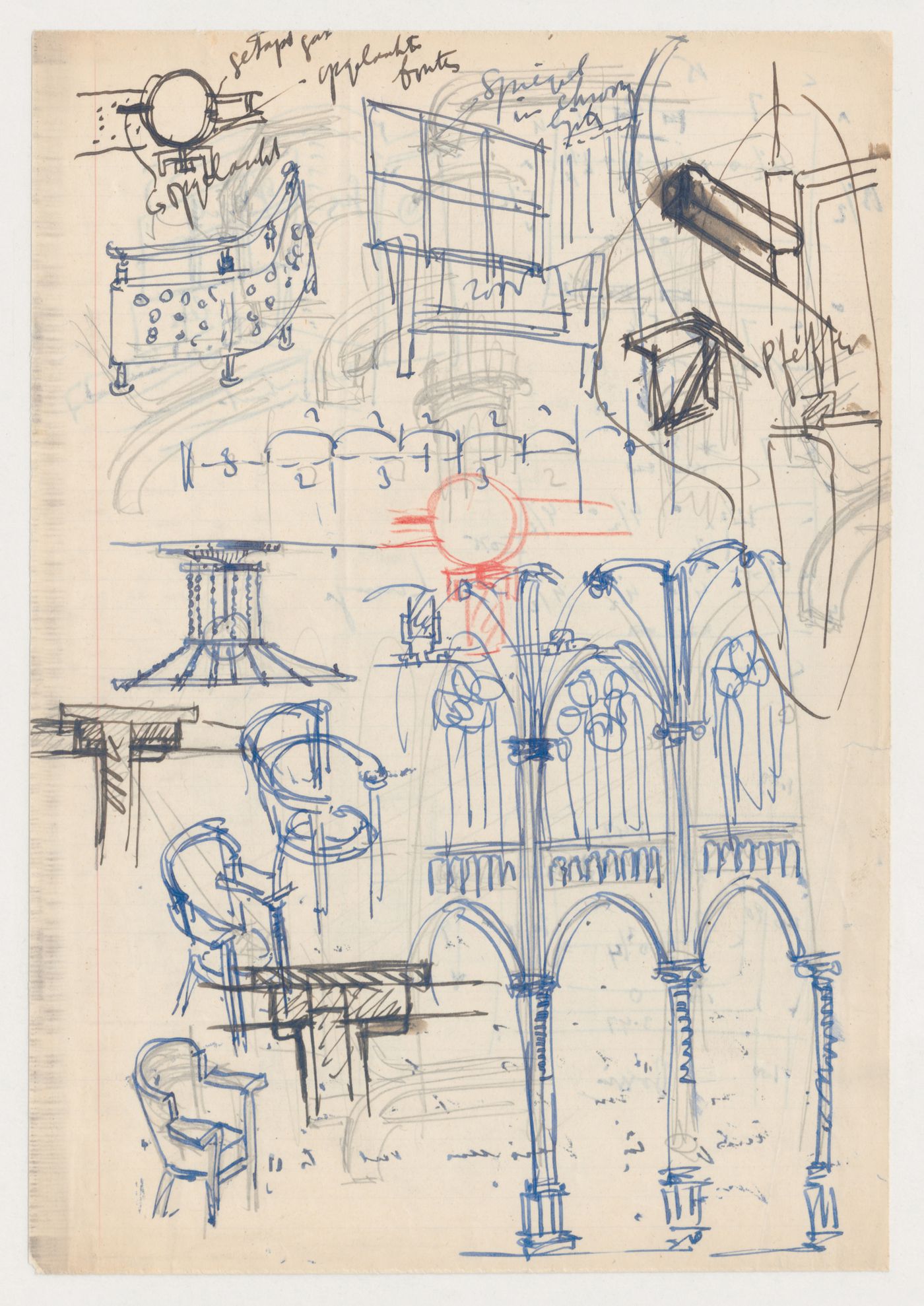 Sketches for a colonnade, a ceiling fixture, a window and chairs, and sections for unidentified details, possibly for Metz & Co., Amsterdam; verso: Sketch perspective and sketch plans possibly for the interior of the S.s. Nieuw Amsterdam