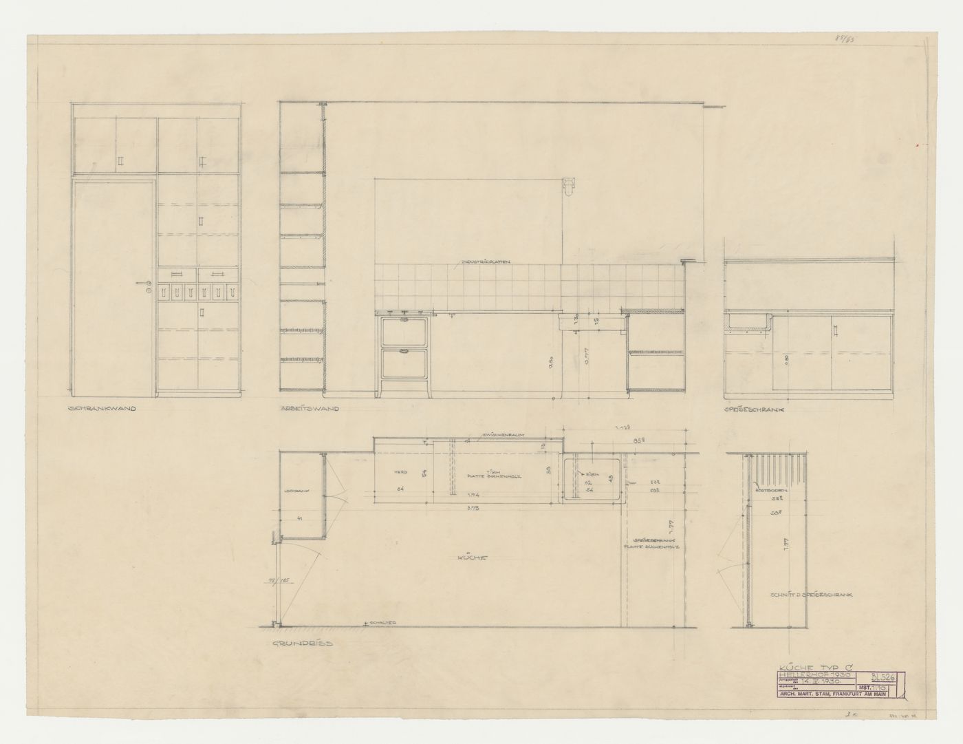 Plan and elevations for a type C kitchen, Hellerhof Housing Estate, Frankfurt am Main, Germany