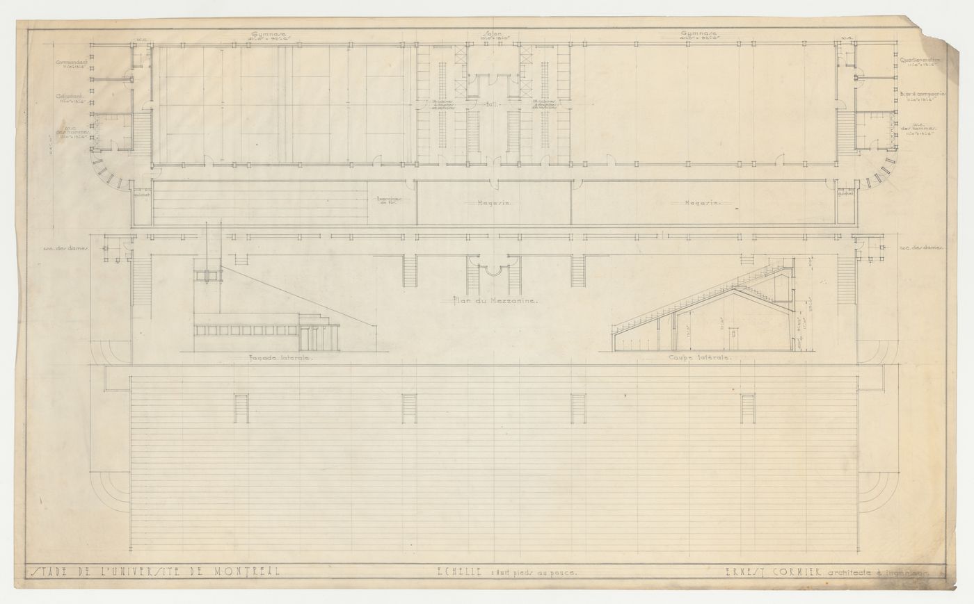 Plan, coupe et élévation, Stade, Université de Montréal, Montréal, Canada (1925)