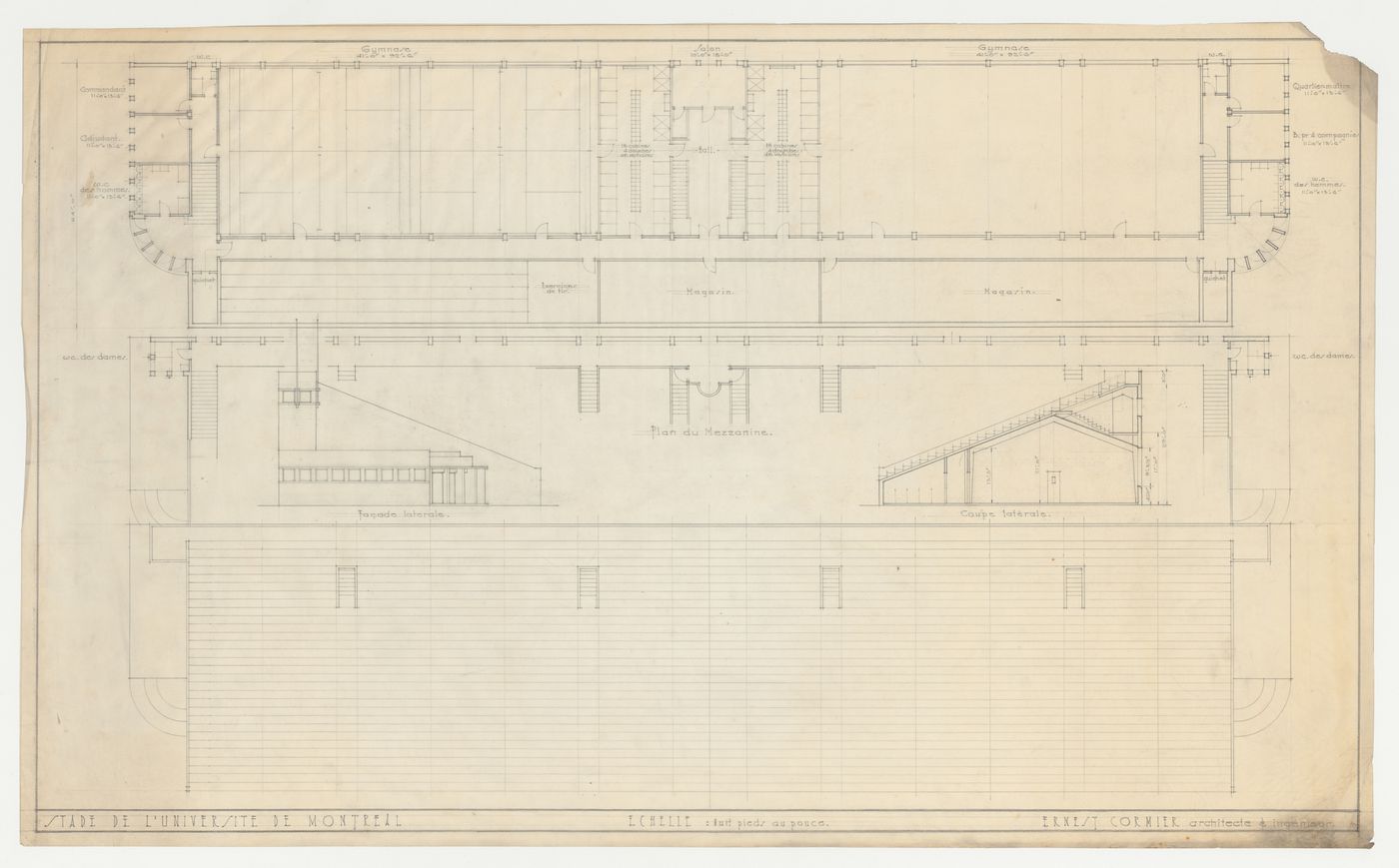 Plan, coupe et élévation, Stade, Université de Montréal, Montréal, Canada (1925)