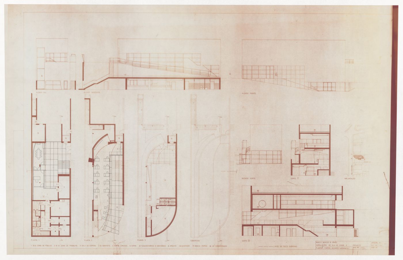 Floor plans, sections, elevations, and site plan for Banco Borges & Irmão II, Vila do Conde, Portugal