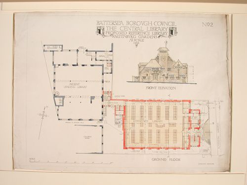 Front elevation and ground floor plan for the proposed reference library, Battersea Borough