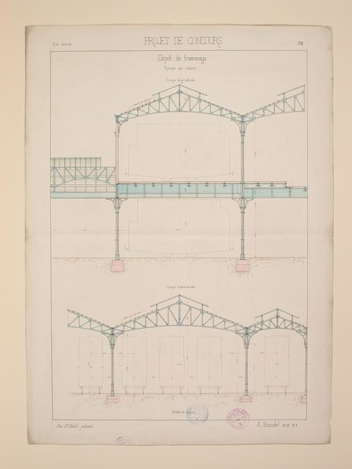 Student engineering drawing: section of the railway car shed for a tramway depot competition project