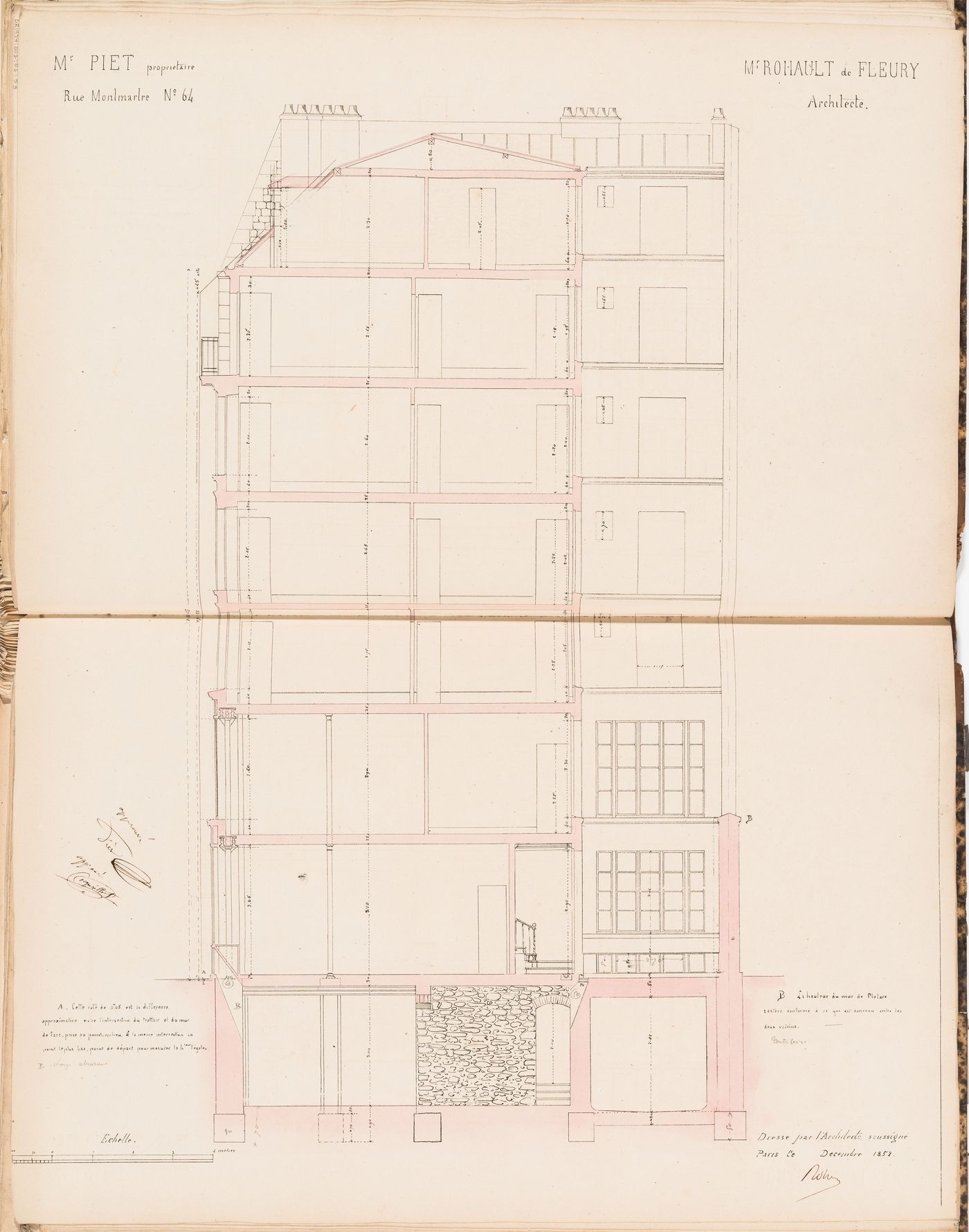 Contract drawing for an apartment house for Monsieur Piet, 64 rue Montmartre, Paris: Longitudinal section