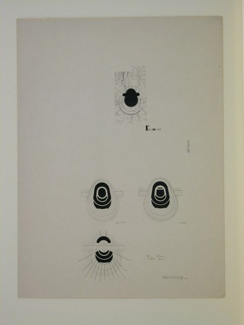 Photograph of a site plan and floor plans showing three variations to stage and seating configurations for the final round of competition for a "synthetic theater" in Sverdlovsk, Soviet Union (now Ekaterinburg, Russia)