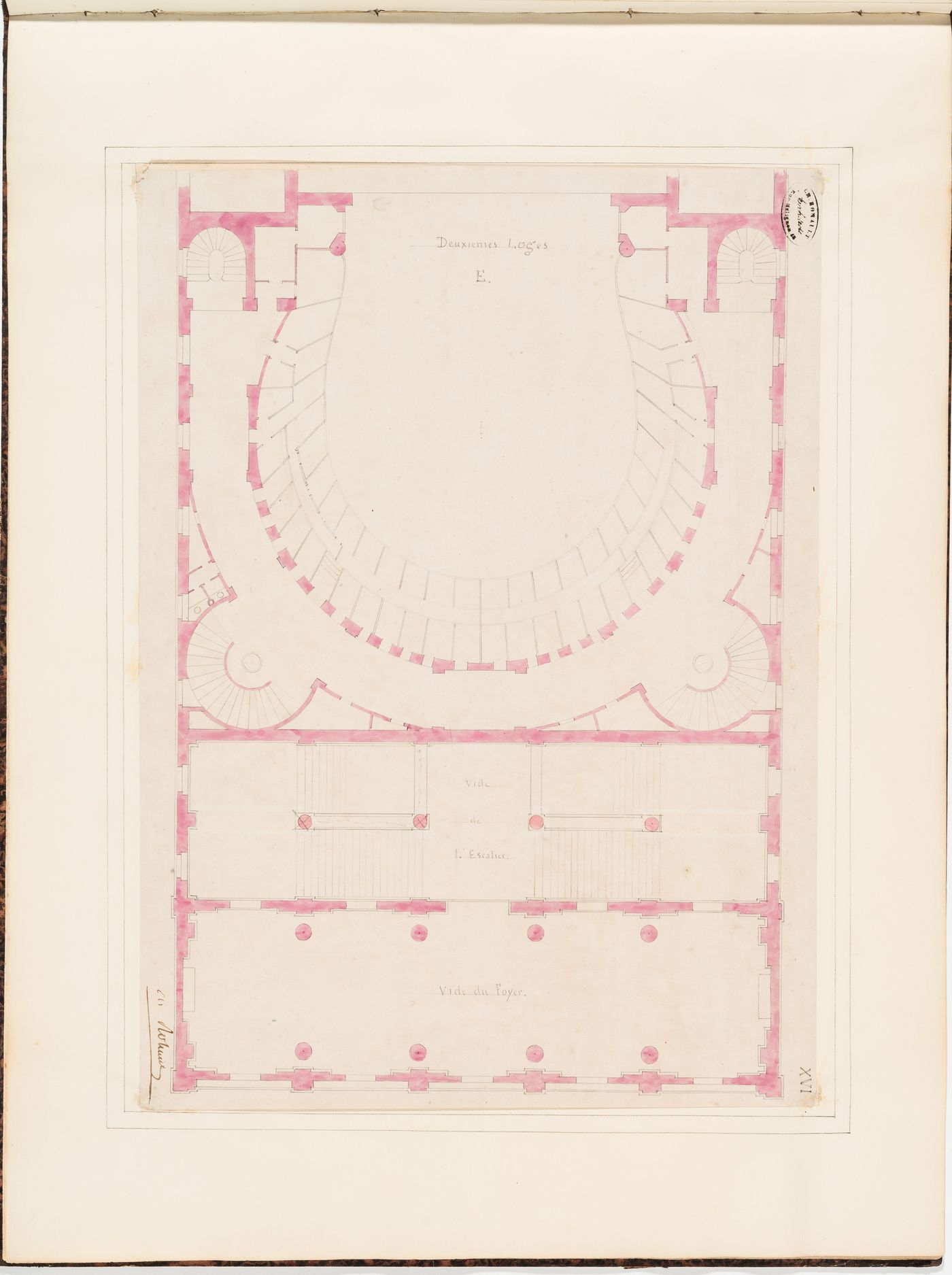 Partial plan for the "deuxièmes loges", level E, of the Théâtre Royal Italien