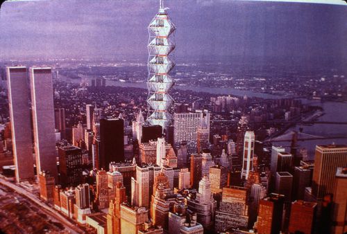 Slide of a photograph of Project 112: Coexistence Tower, by Future Systems