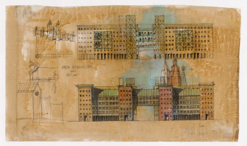 Elevations, perspectives and plans for a housing complex, Südliche Friedrichstadt Competition, Berlin